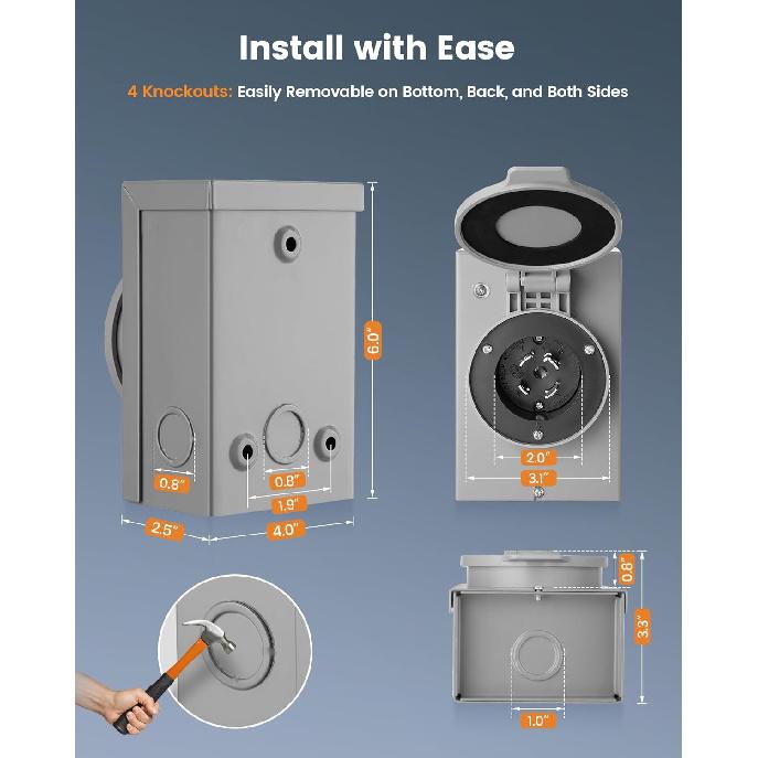 SURAIELEC 30 Amp Generator Power Inlet Box, NEMA L14-30P Generator Box for 4-Prong Generator Cord, 125/250V, 7500W Weatherproof Outdoor Power Inlet