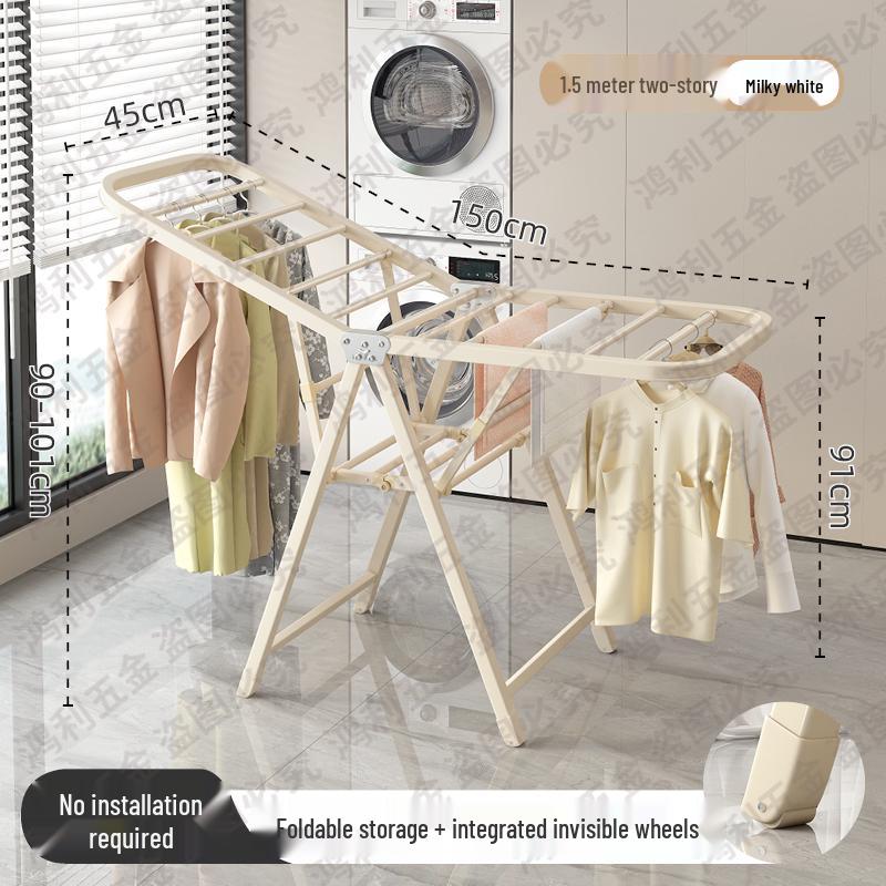 Folding Floor-Standing Clothes Drying Rack for Household, Bedroom, Balcony, Indoor Use - Ideal for Baby Clothes and Quilts.