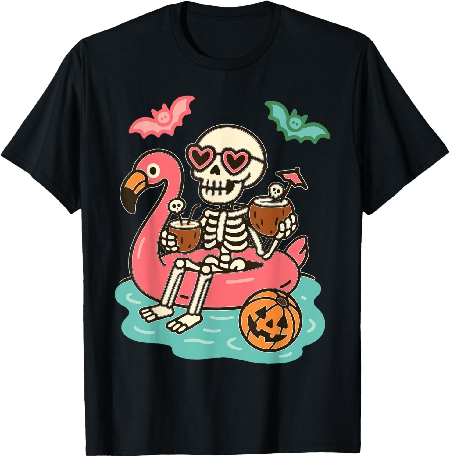 Funny Summerween Skeleton Floating in Flamingo Cute Spooky T-Shir unisex T-Shirt Mens Womens Tees Top L