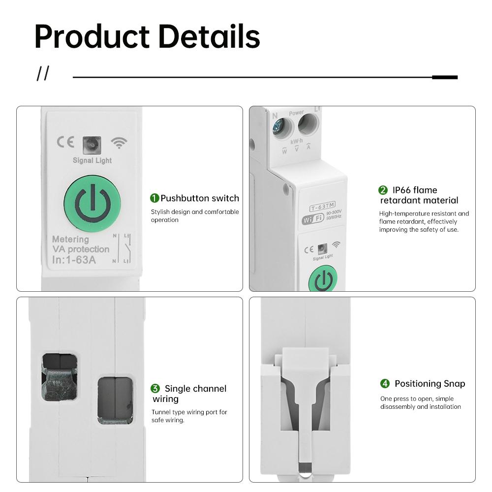 WIFI Smart Circuit Breaker Switch With Metering 63A1P Din Rail Remote Control Smart Home Smart Life App Timer Module