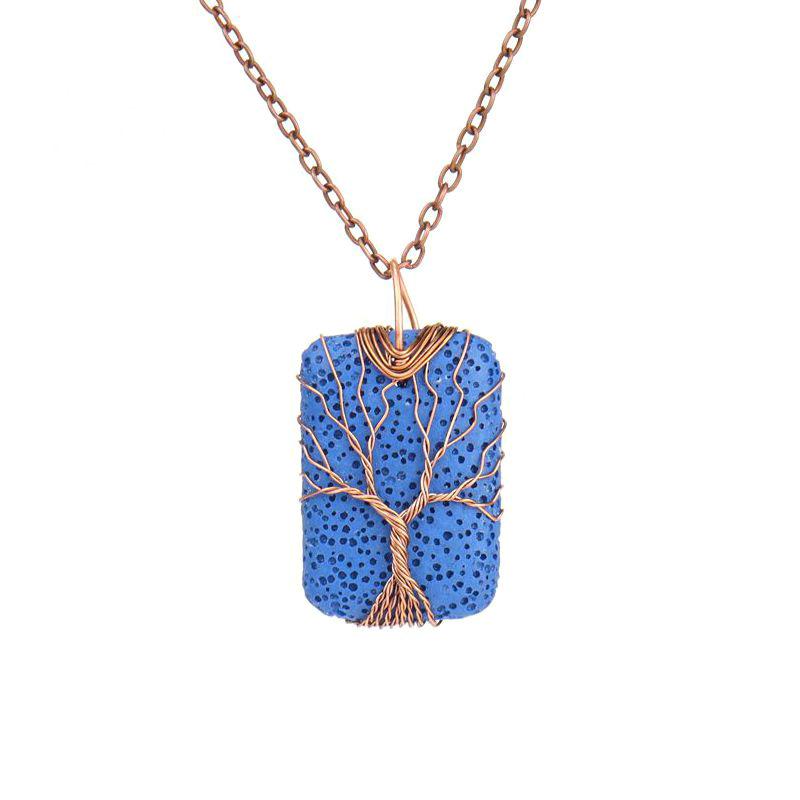 Hand-Wound Rectangular Volcanic Stone Tree Of Life Pendant Necklace, Couple Necklace N525