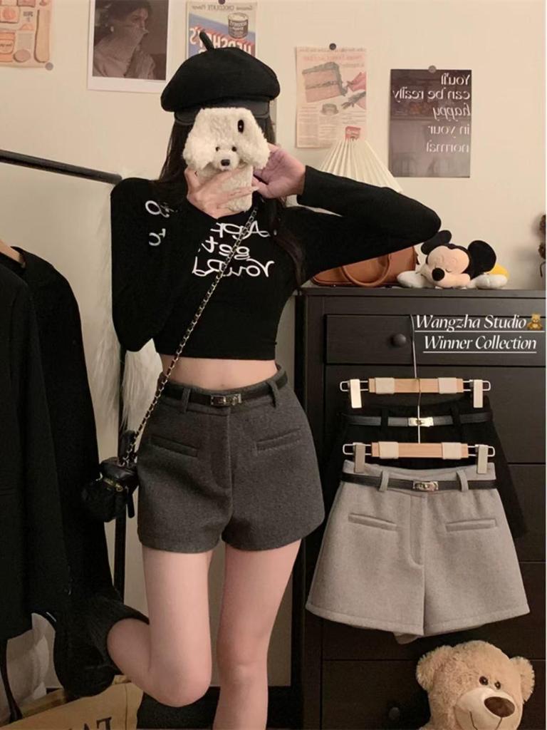 Women's Gray Wool Blend High Waist Bootcut Pants for Autumn/Winter - Loose Fit, Wide Leg, Straight Cut.