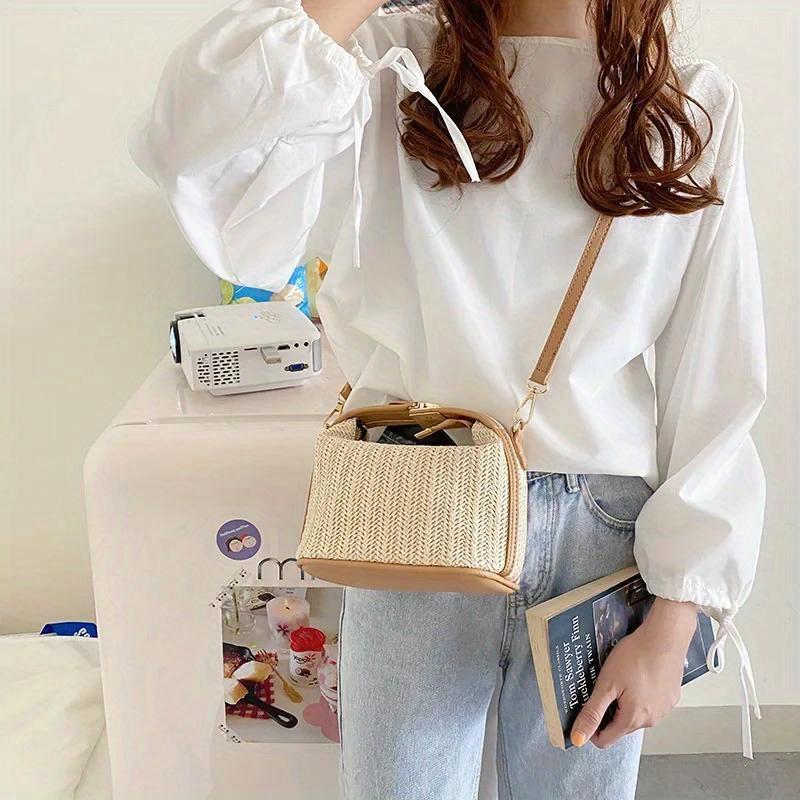 Yogodlns Summer Small Straw Handbag Trendy Shoulder Bag Woven Bucket Crossbody Bag Casual Seaside Beach Bag Gilrs Handle Tote