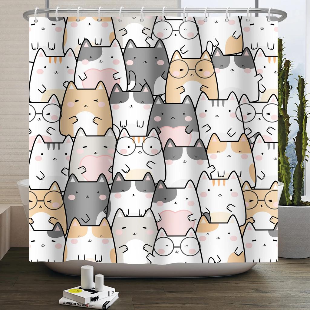 Cute Cats & Dogs Waterproof Shower Curtain - Fun and Colorfully Playful Pet Design for Cheerful and Lively Bathroom Decor