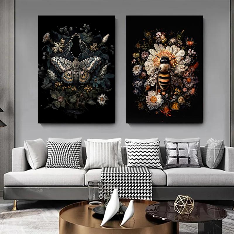 Vintage Dark Academia Floral Woodland Butterfly Bee Rabbit Botanical Animals Poster Canvas Painting Wall Art Pictures Home Decor