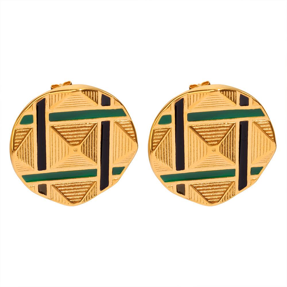 Stylish Gold-Plated Enamel Pyramid Carved Round Stud Earrings