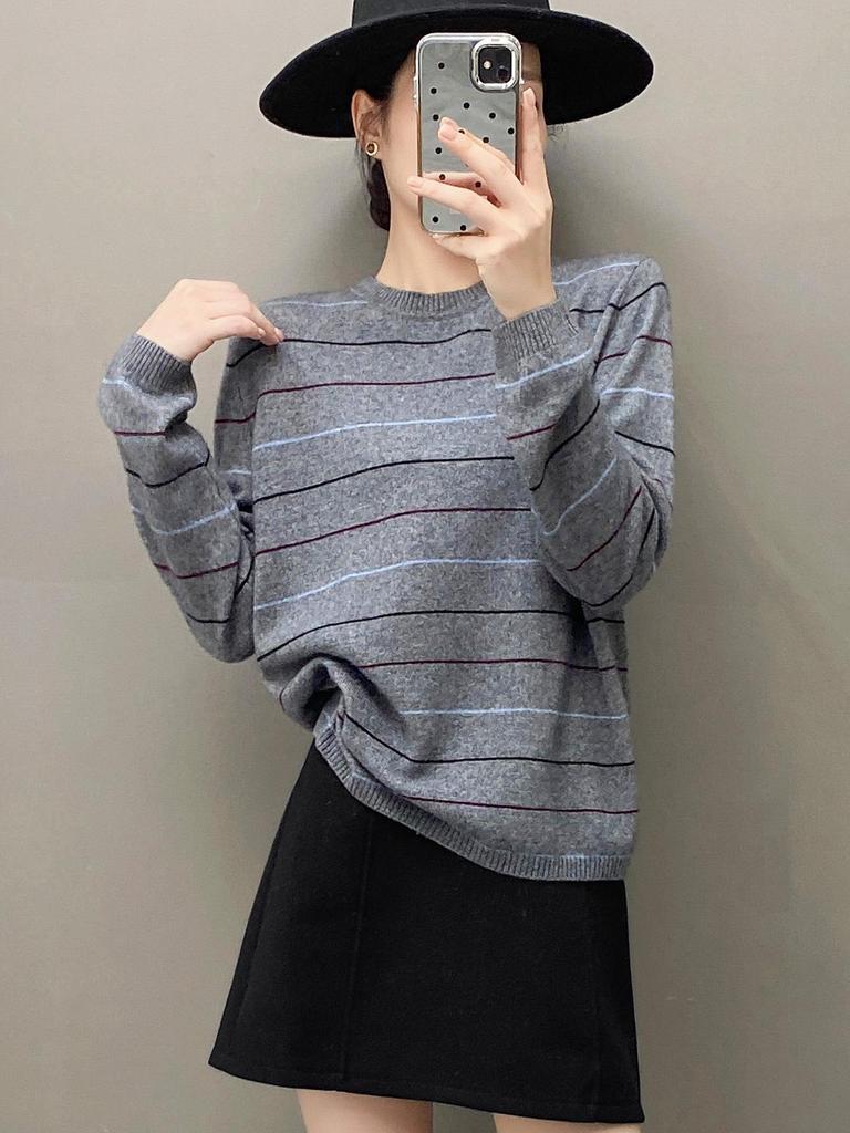 Women's Striped Cashmere Pullover, Long Sleeve Round Neck Sweater, Autumn/Winter Knitwear.