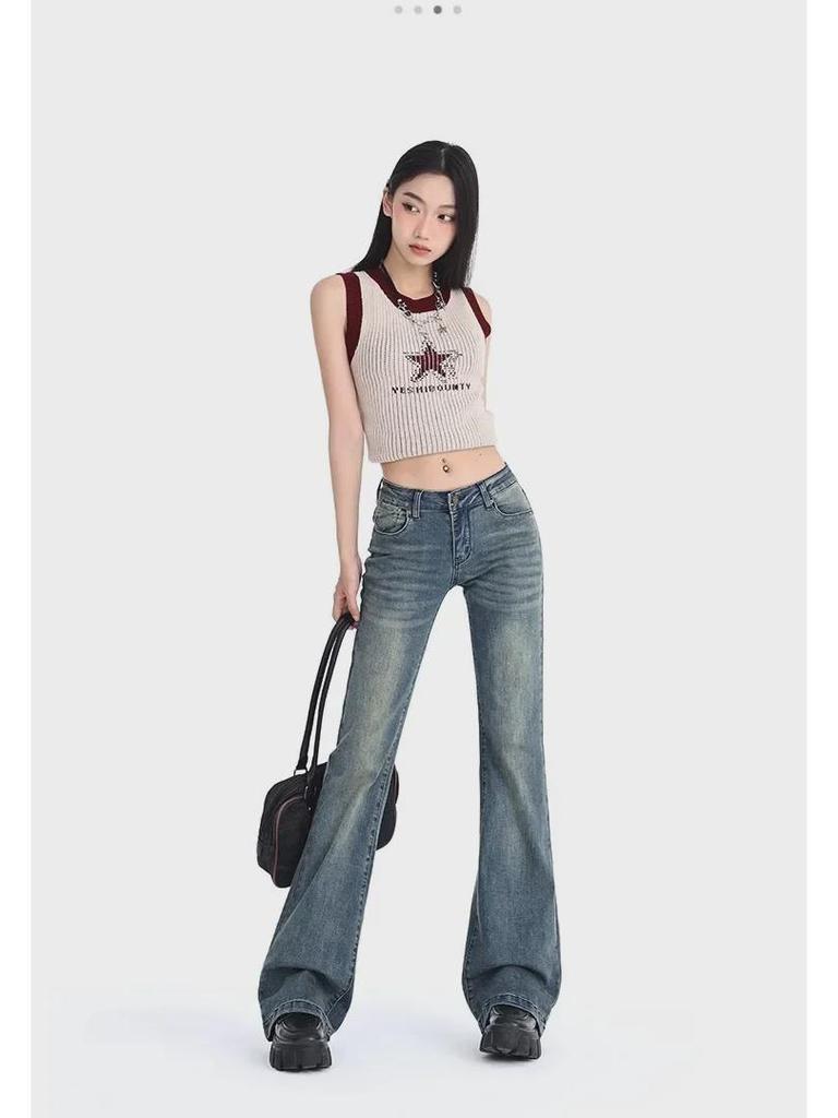 Women's 2024 American Retro Low-Waist Flared Jeans - Slim Fit, Wide Leg, Elastic, Mopping Style
