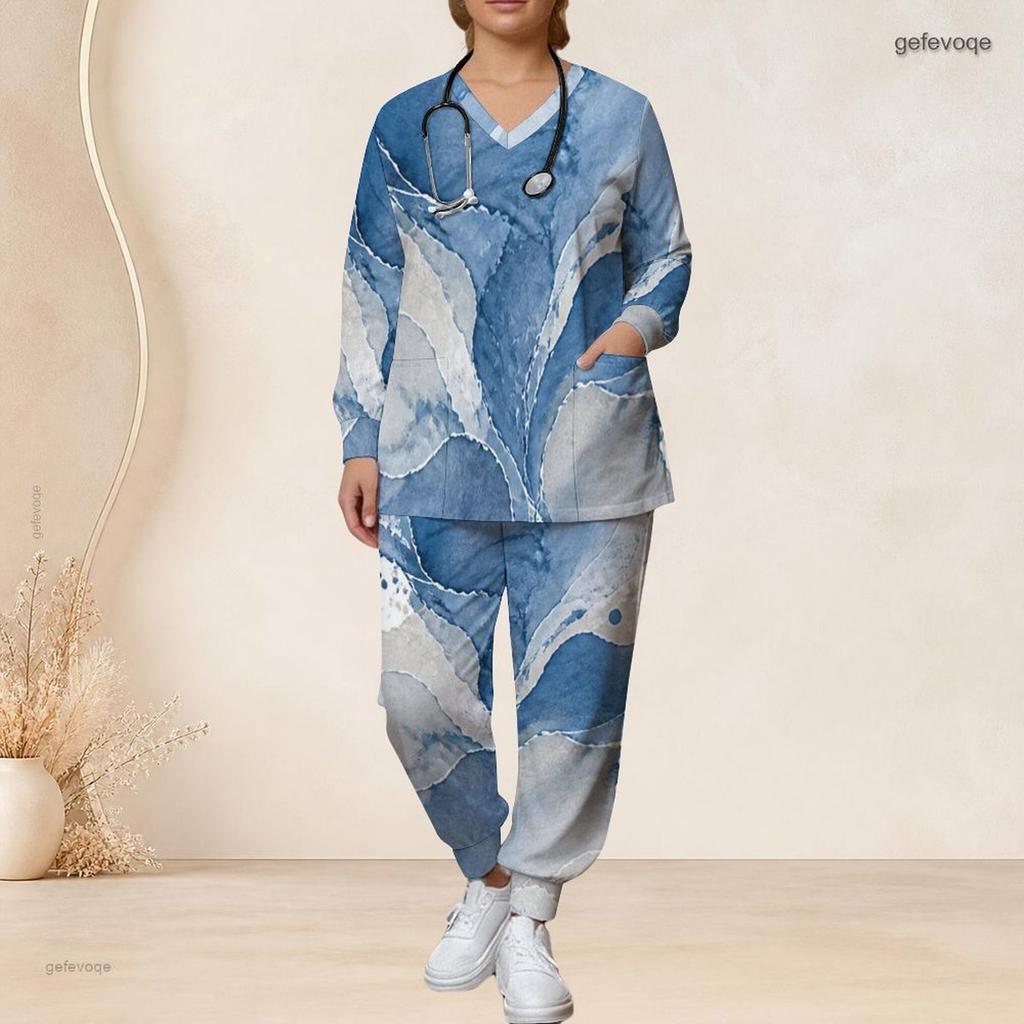 Women Plus Size Printed Nurse Scrub Set V Neck Long Sleeve Pocket Top And Long Pants Blue Beige