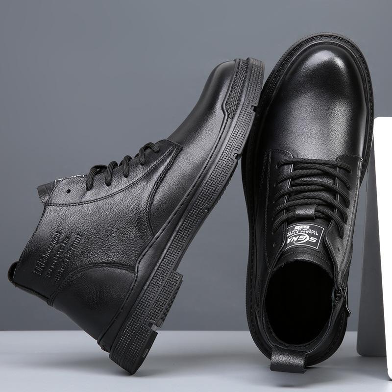 Leather Men's Leather Shoes British Style Fleece Warm First Layer Cowhide Medium Leather Boots Men's Casual Medium and High Top Boots Men's