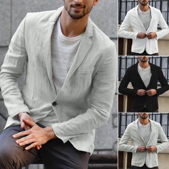 Men Autumn Solid Color Long Sleeve Pockets Cotton Linen Slim Blazer Coat Jacket