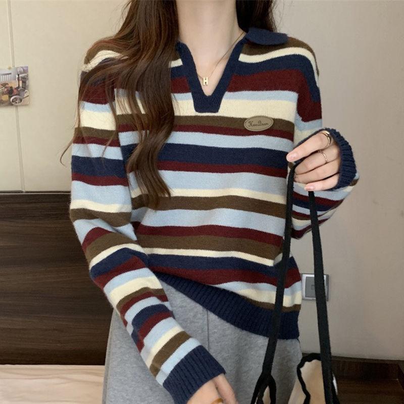 Women's Plus Size Striped Knit Polo Collar Long Sleeve Base Layer Sweater - Autumn/Winter Korean Style
