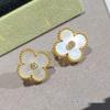 High-Version 18K Rose Gold Earrings: Four-Leaf Clover with White Mother-of-Pearl & Red Agate - Fashionable, Luxurious, INS Style.