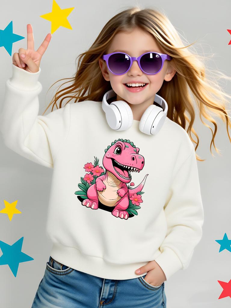 Kids Crewneck Long Sleeve Sweatshirt,Pink Dinosaur With Floral Print