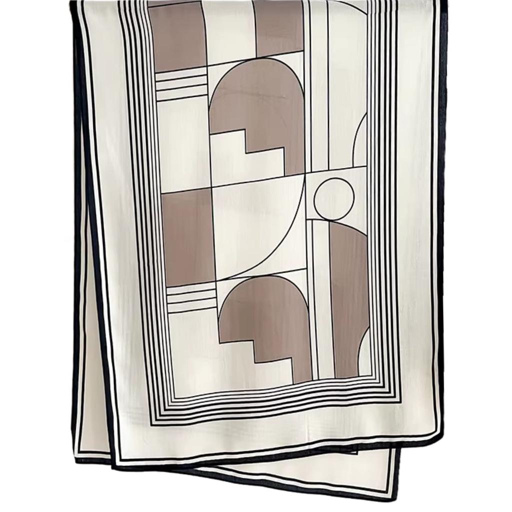 Geometric Pattern Scarf - 100% Viscose, 178x66 , Cream-Beige with Black
