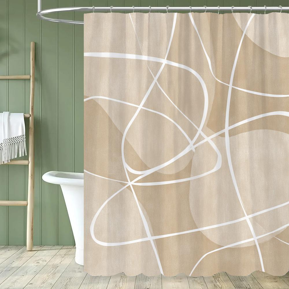 1Pc Golden Abstract Geometry Print Shower Curtain Partition Privacy Hanging Curtain With 12 Hooks Multiple Size Machine Washable