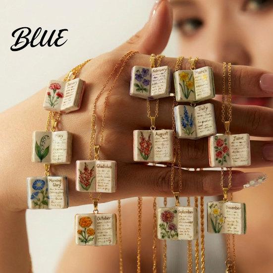 Stylish Women Necklace Birth Flower Necklace Floral Book Pendant January
