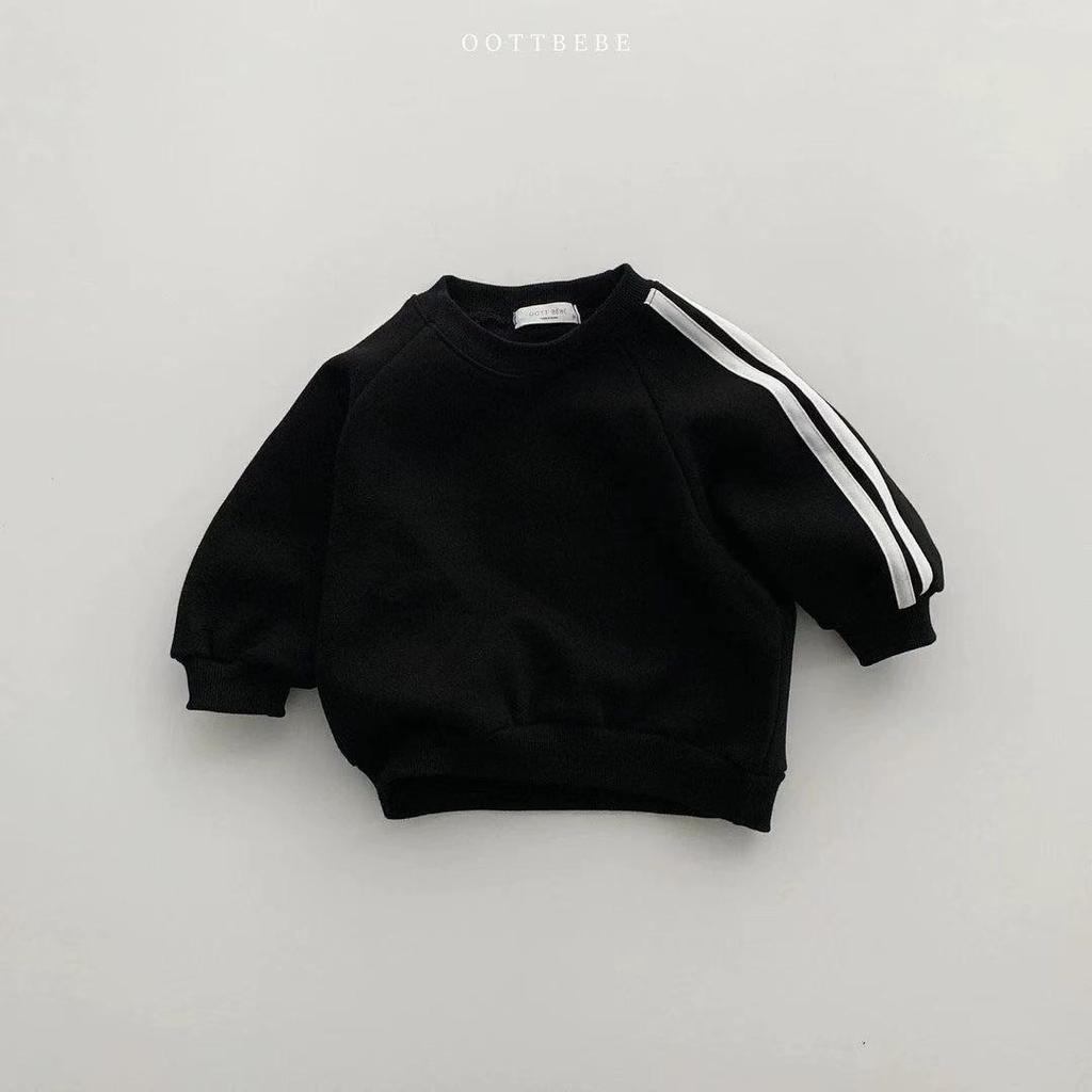 Korean-Style Unisex Baby Sweatshirt and Pants Set - Solid Color with Webbing Stripe Patchwork for Autumn and Spring.