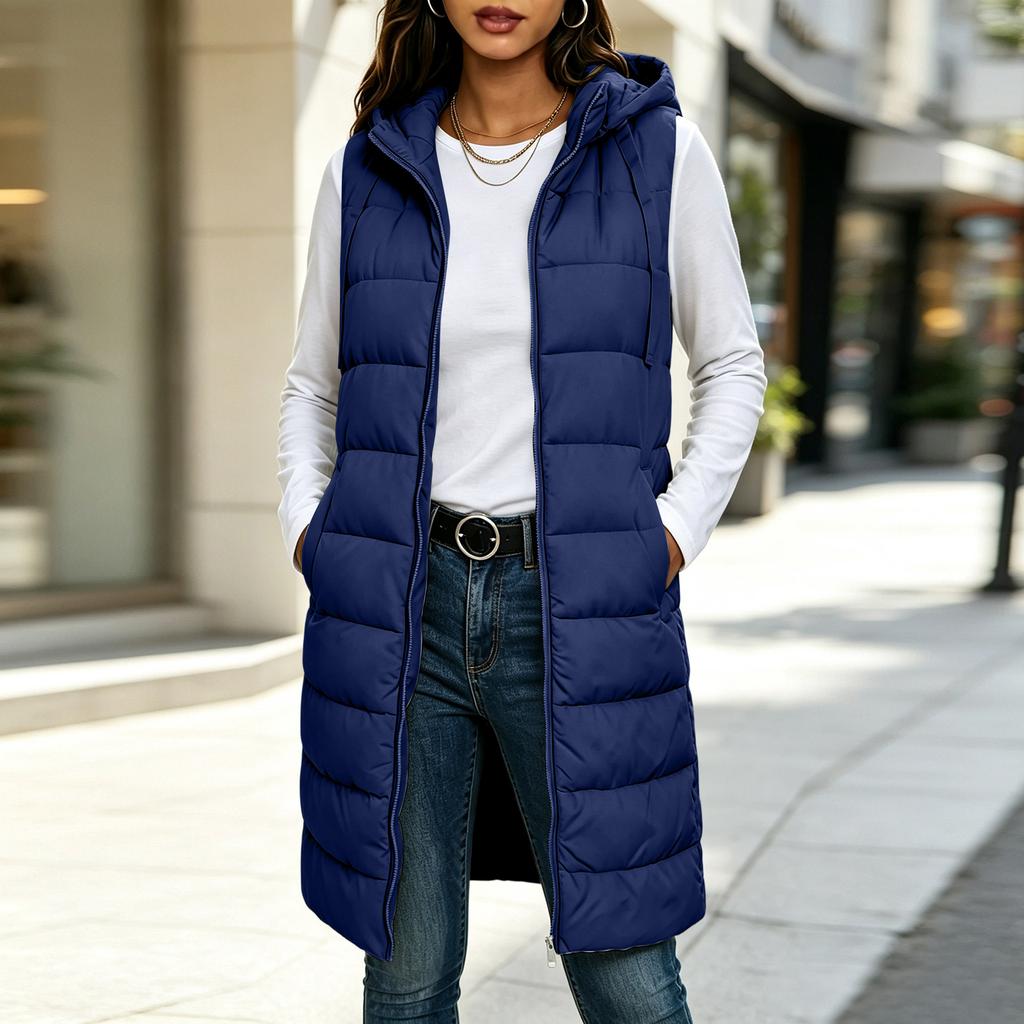 Women's Color Hooded Zip-Up Cotton Vest Mid-Length Plus Size Outerwear for Fall and Winter