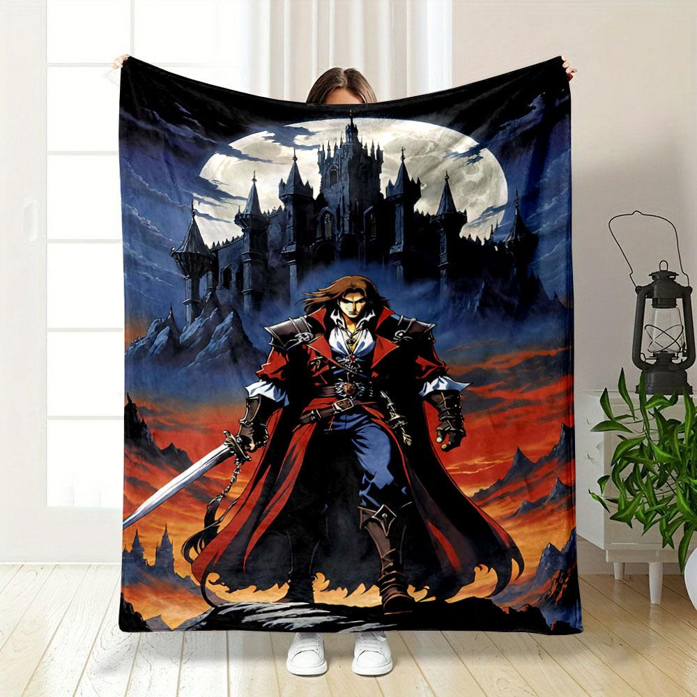 A Heroic Figure In Red and Blue Stands Before a Dark Castle and Full Moon. for All Seasons Blanket Lunch Break Throw Gift