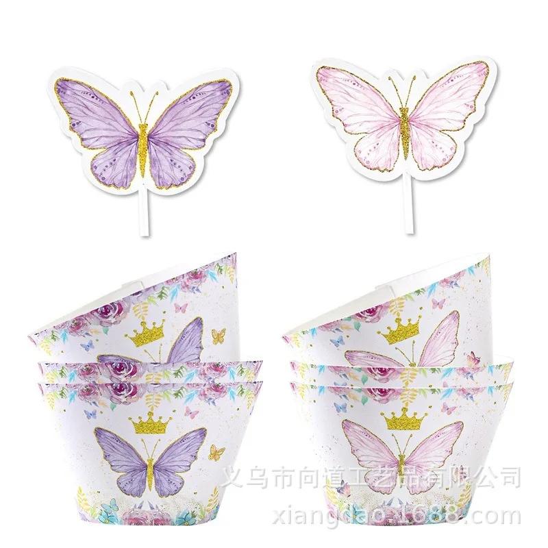 

6pcs Butterfly Cake Topper Set Butterfly Cake Edge Butterfly Crown Cake Decoration Happy Girl Princess Birthday Cupcake Topper