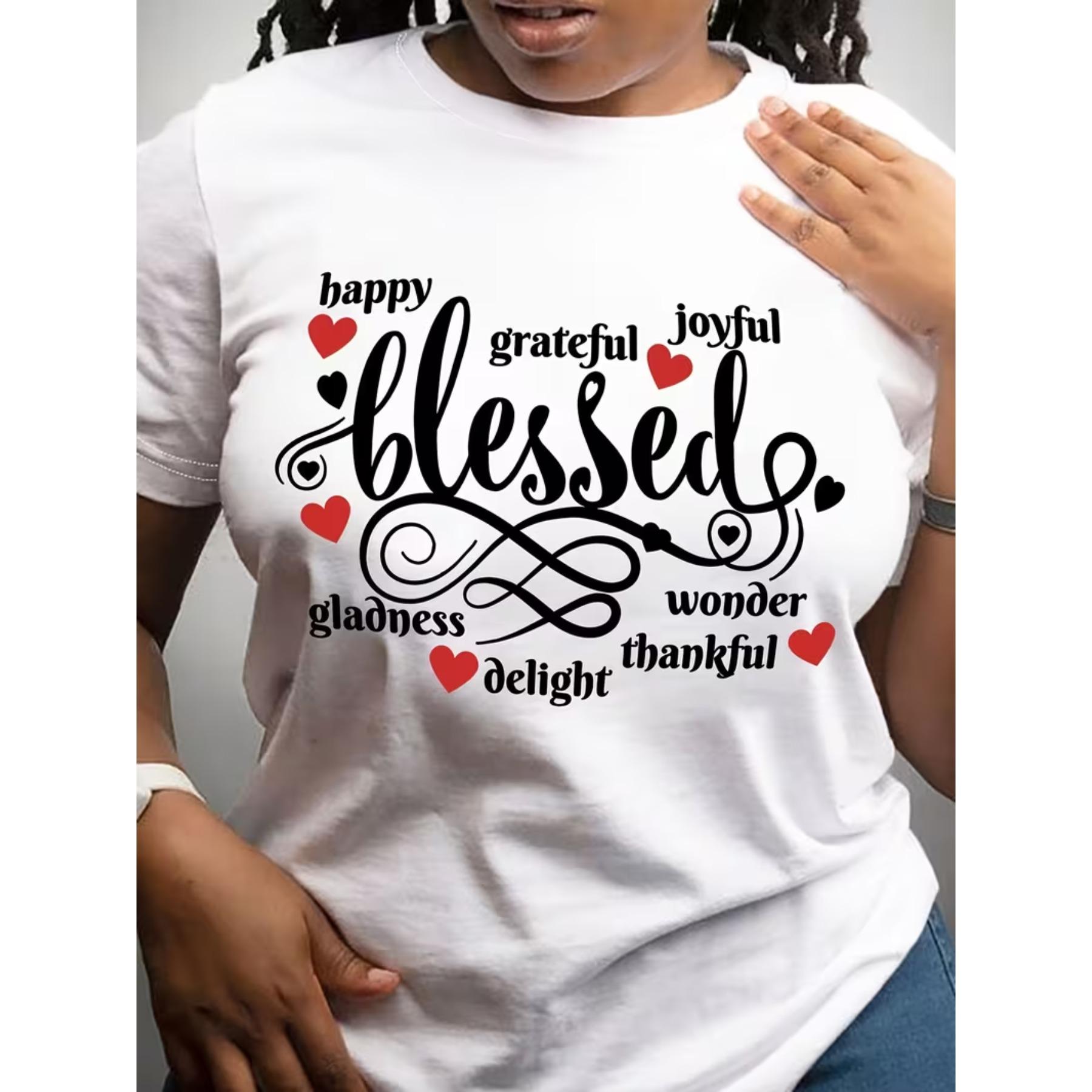 Women s Inspirational  Happy, Blessed, Grateful, Joyful, Wonderful  Quote T-Shirt - Casual Round Neck Short Sleeve Tee S белый