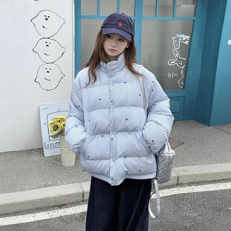 Down cotton-padded jacket women's striped bow printing winter new loose cotton-padded jacket tide