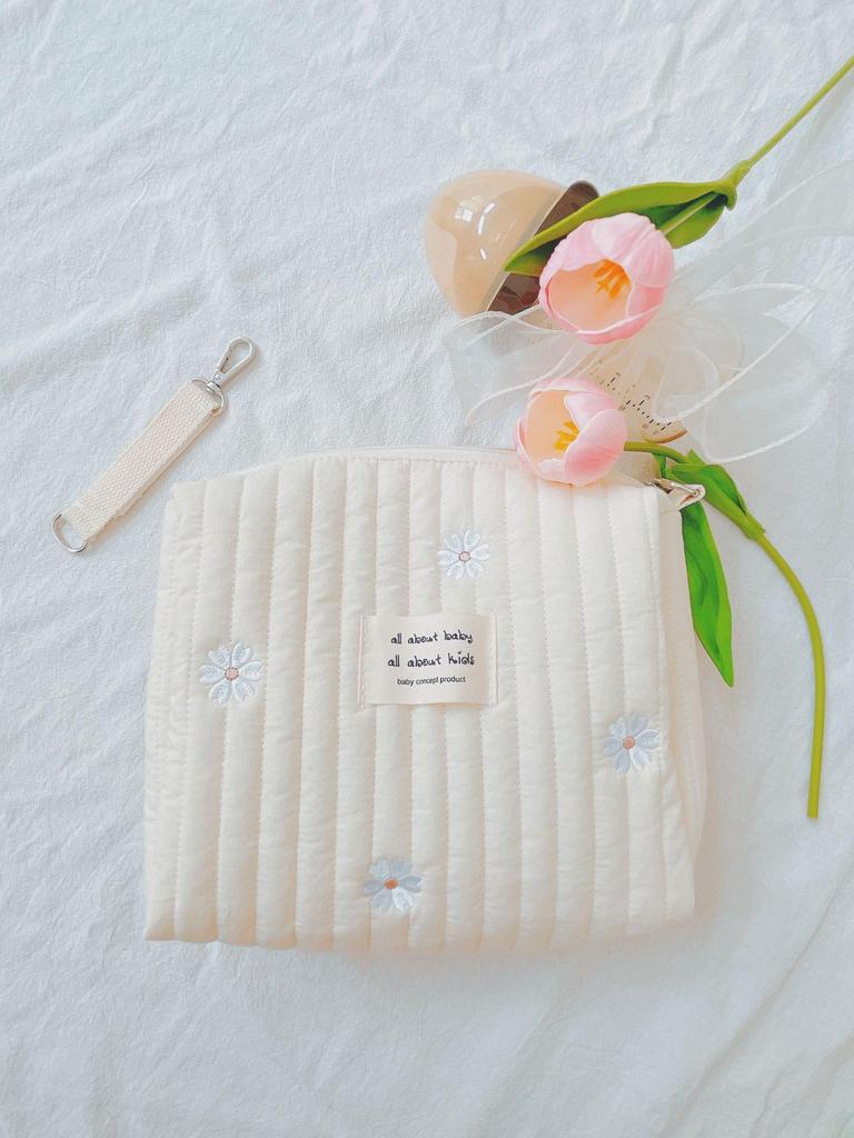 Zippered Cotton Mommy Bag - Stroller & Diaper Bag with Embroidery and Portable Tissue Holder