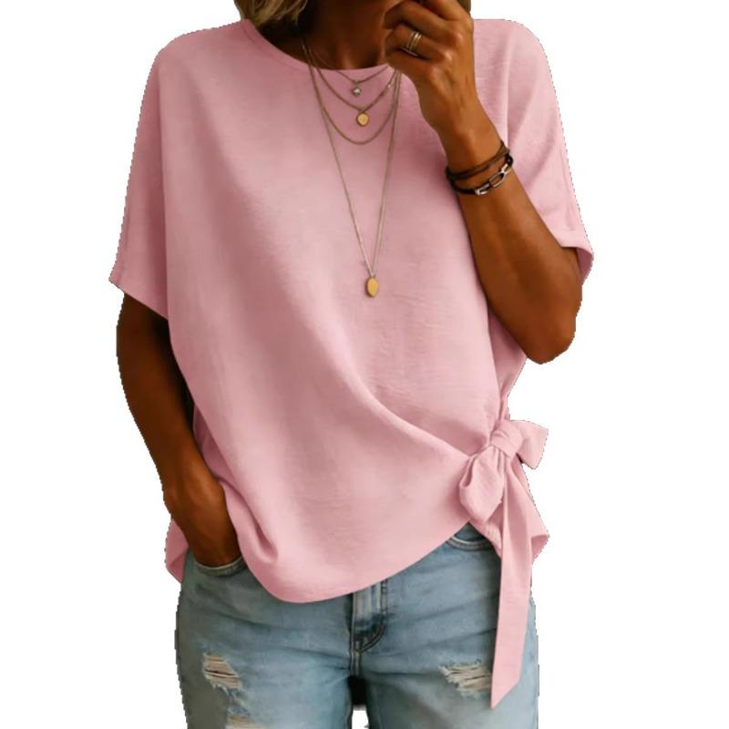 Women's new summer solid color short-sleeved hem knotted loose T-shirt top