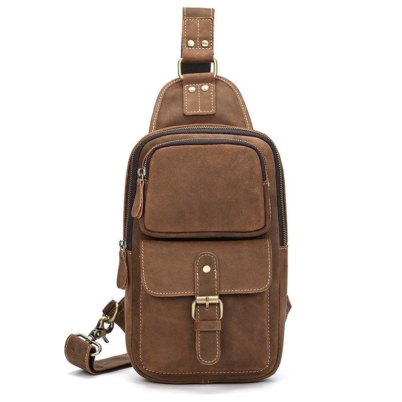 Crazy Horse Leather Breast Bag Men'S Summer And Autumn Leather Oblique Span Bag Cowhide Shoulder Bag Commuter Outdoor Leisure Backpack