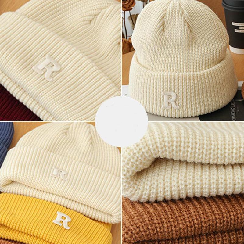 Updated Letter R Embroidery Beanie Hats for Women Girl Autumn Winter Elastic Knitted Skullies Leisure Outdoor Use Ear Warmer Pullover Hat