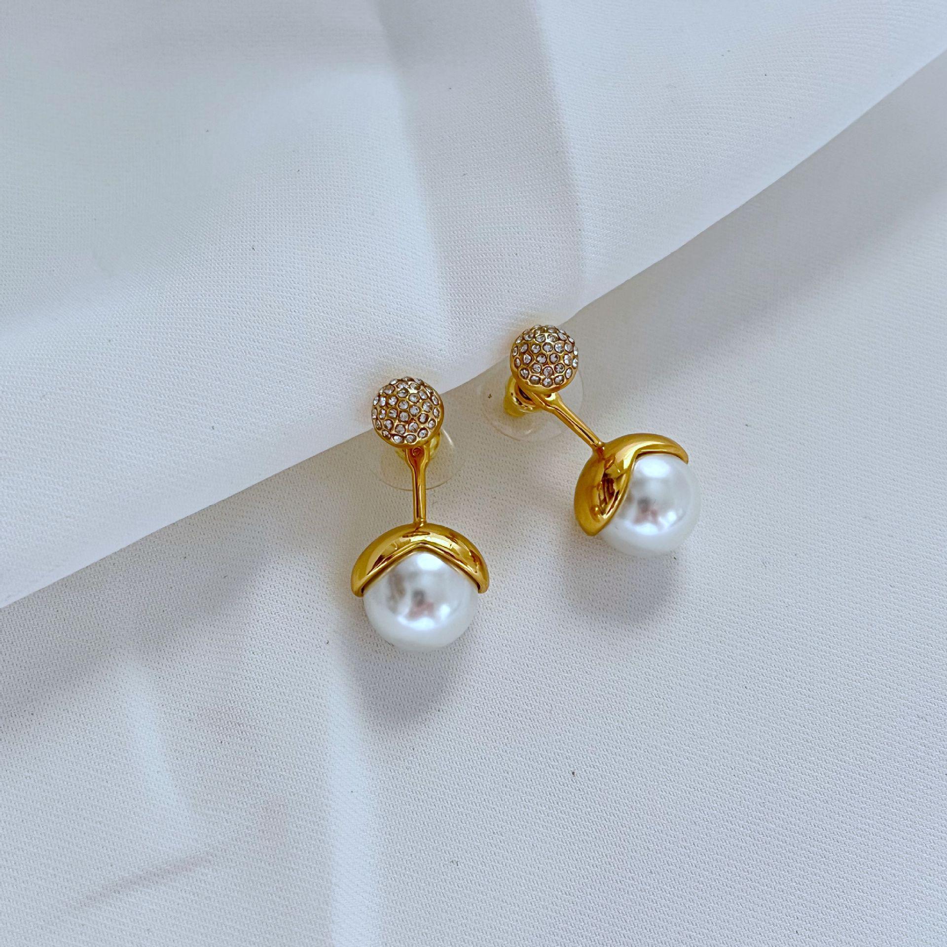 

French Minimalist Diamond Pearl Earrings - Two-Way Wear for Women