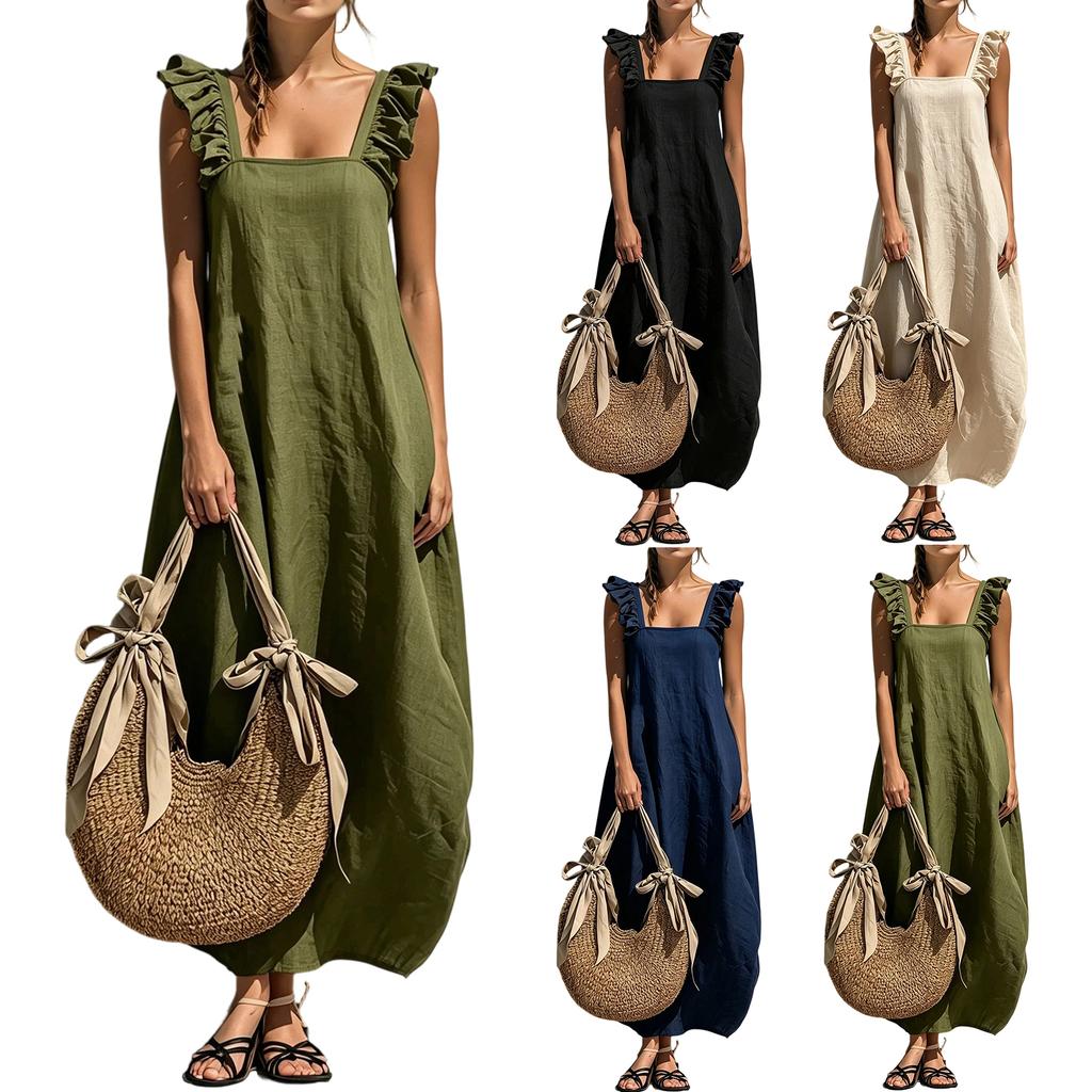 Sleeveless Square Neck Ruffle Strap Maxi Dress Loose Fit Casual Lightweight Summer Dress for Women Beachwear
