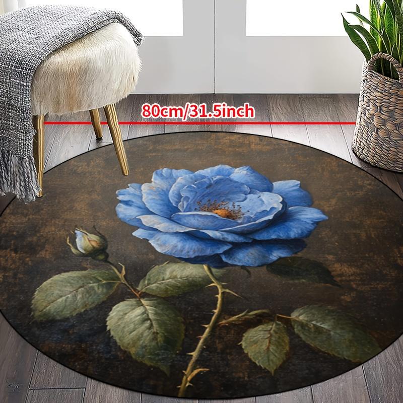 Luxury Blue Rose Floral Pattern Round Shape Floor Mats Kitchen Hallway Runner Rug Bedroom Living Room Soft Carpet Non-slip Area Rug