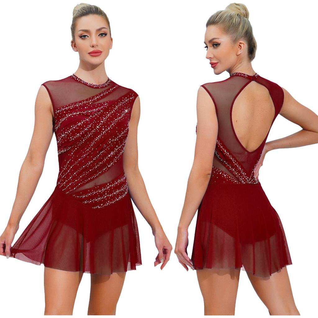 Collant Vestido de Ginástica Ballet Dança Lírica para Mulheres Embelezado com Strass Saia de Malha Vestido Fantasia de Dança Moderna Contemporânea