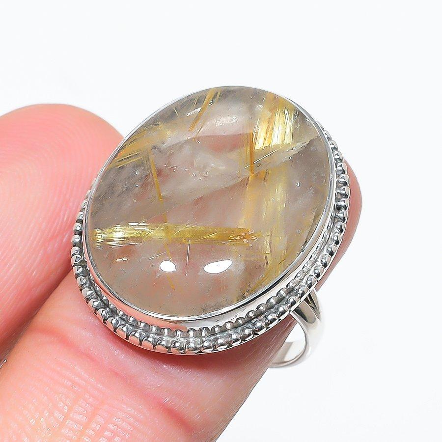 Natural Golden Rutile Gemstone 925 Solid Sterling Silver Jewelry Ring S.8.5 T4y42