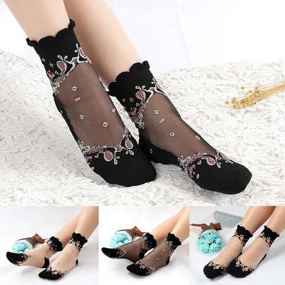 Women Flower Transparent Funny Socks Summer Spring Crystal Glass Silk Elastic Short Socks
