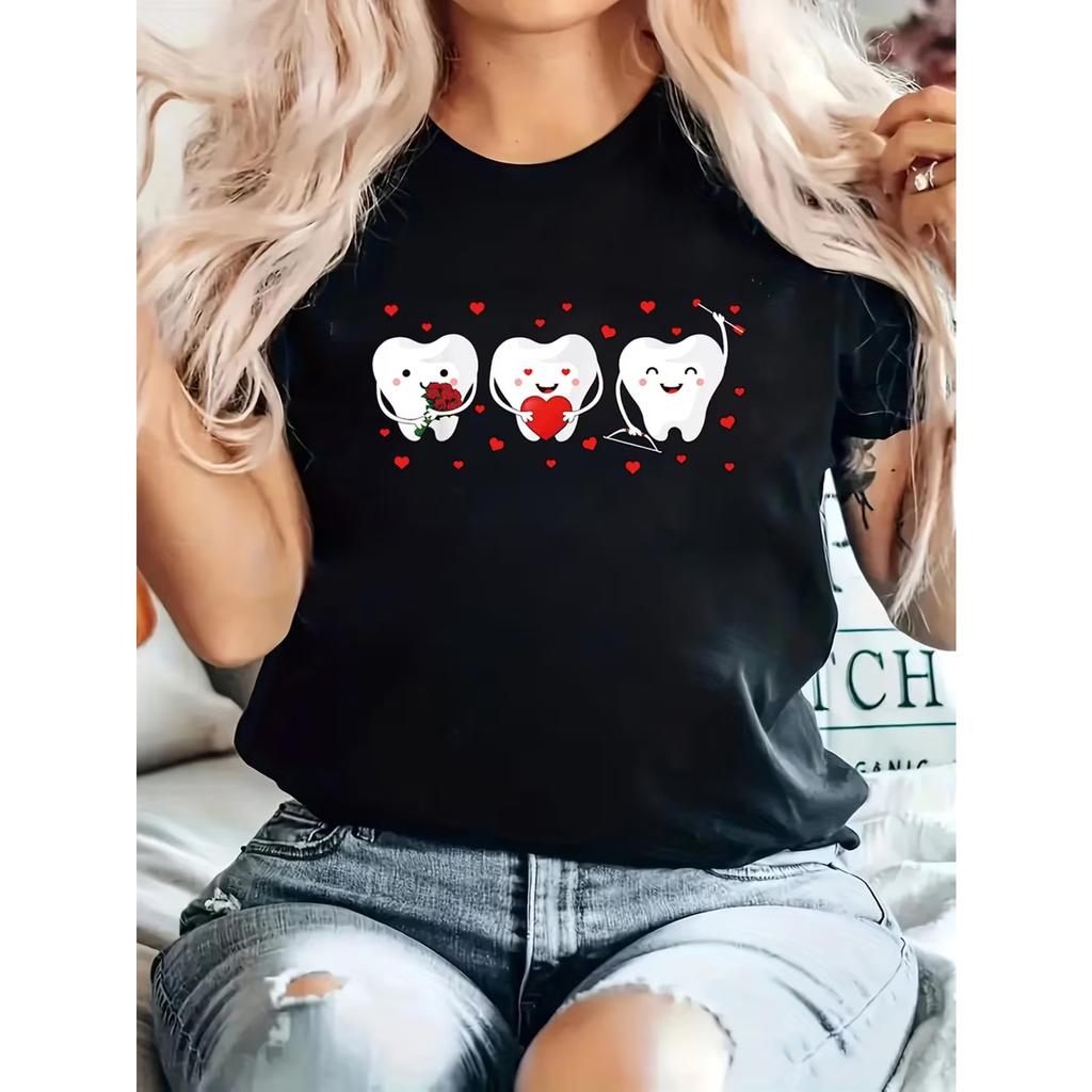 Valentine'S Day T-Shirt for Women with A Dental Theme - Adorable Design Featuring Teeth Embracing Hearts and Roses, Top