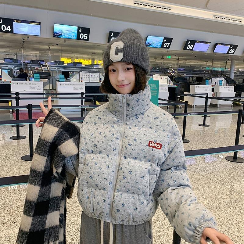 

Новая женская зимняя короткая куртка с хлопковой подкладкой, со стойкой, свободного и толстого дизайна, с цветочным рисунком. L