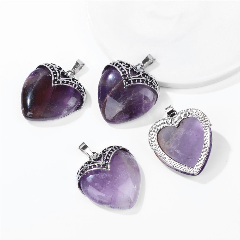 2pcs Natural Stone Heart Shape Necklace Pendant Healing Love Crystal Pendants Amethysts Charms Necklaces Jewelry Women 31*35MM