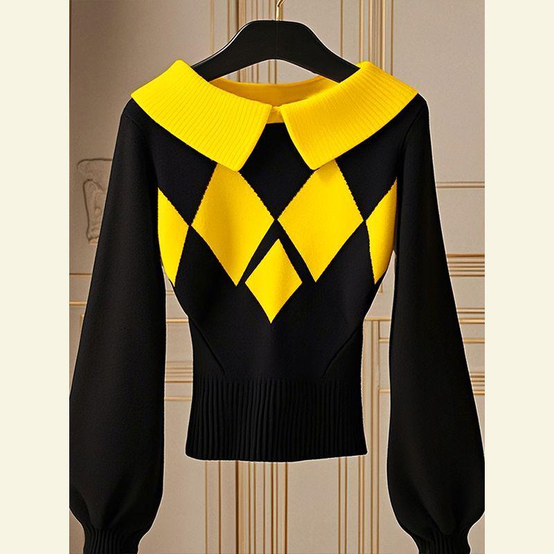 Autumn Korean Chic Tops Are Fashionable Unique Lazy Black Diamond Knitted Sweater