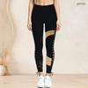 Women Plus Size High Waist Black Gold Printed Side Eyelet Lace Up Full Length Leggings