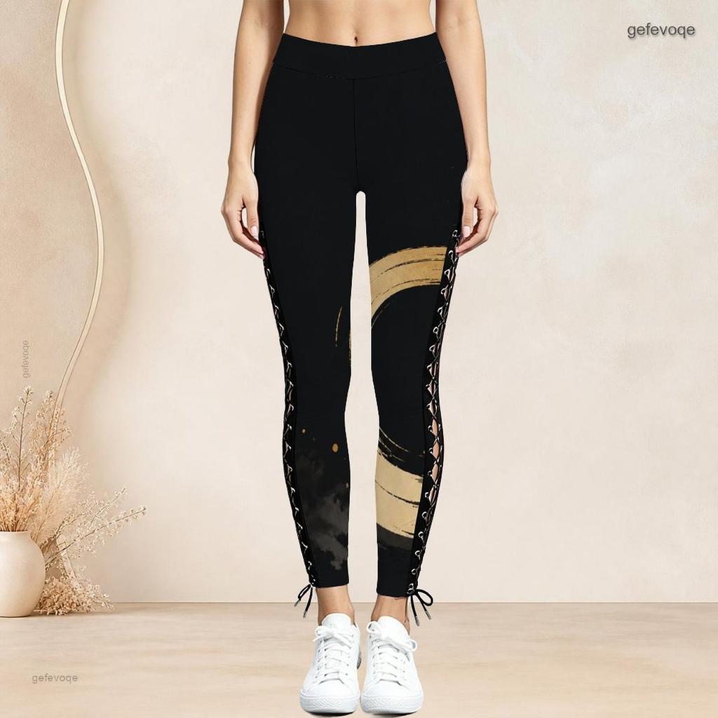 Women Plus Size High Waist Black Gold Printed Side Eyelet Lace Up Full Length Leggings