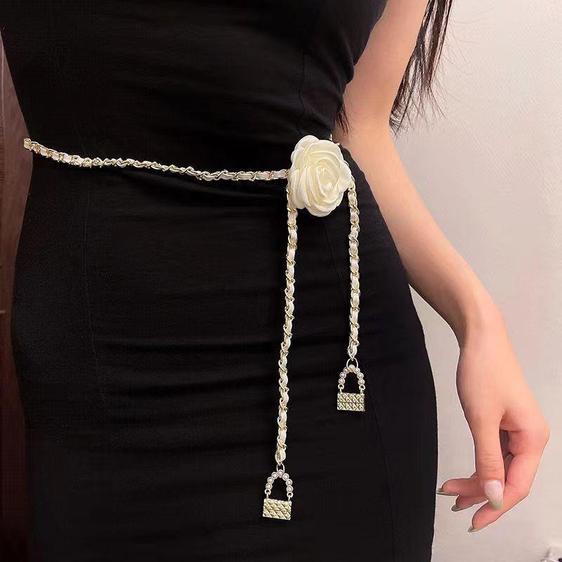Black And Chic White Flower Waist Chain For Women Decorated With Pearls Stylish Elegant And