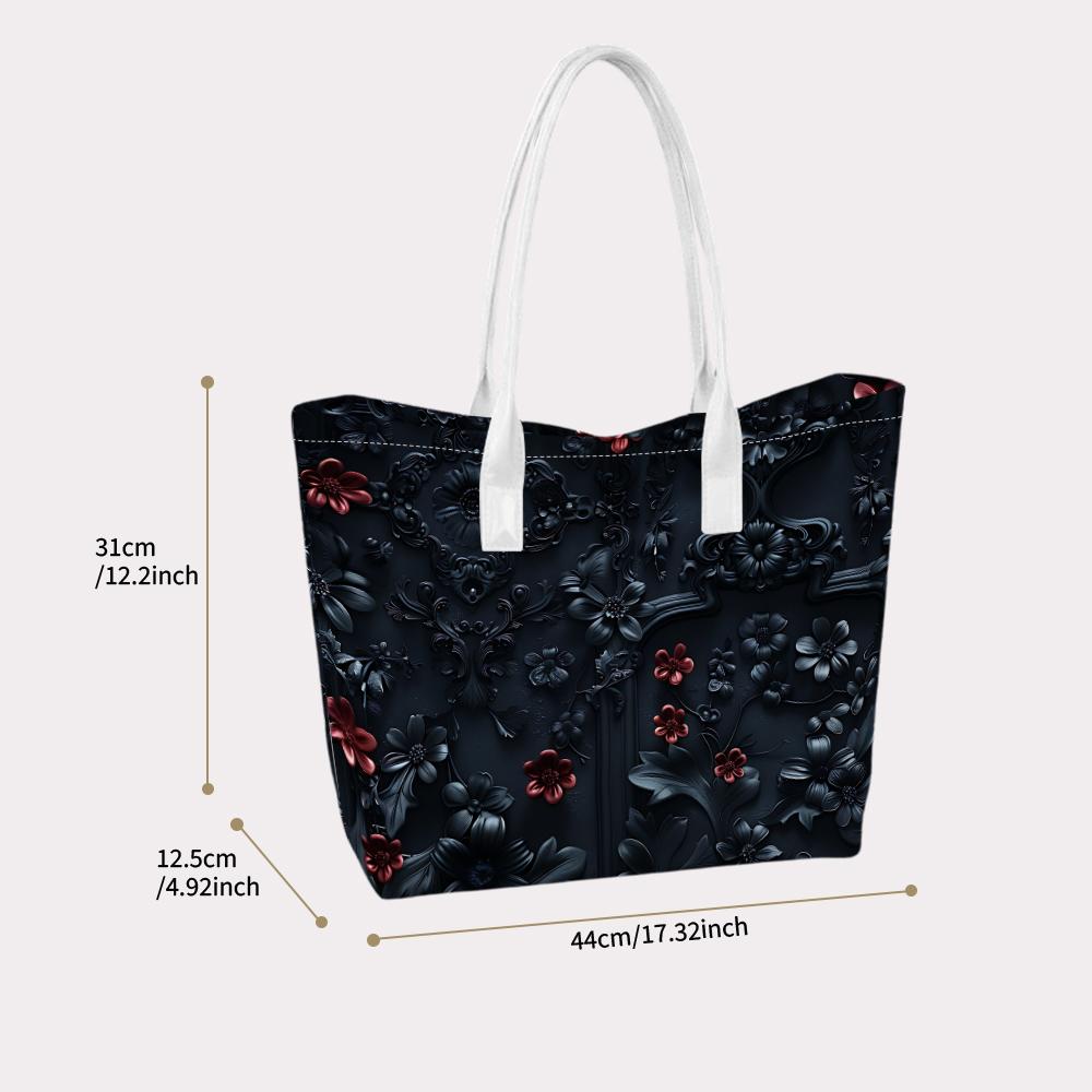 Elegant Dark Floral Embossed Large Casual Tote Shoulder Bag for Women Daily Use