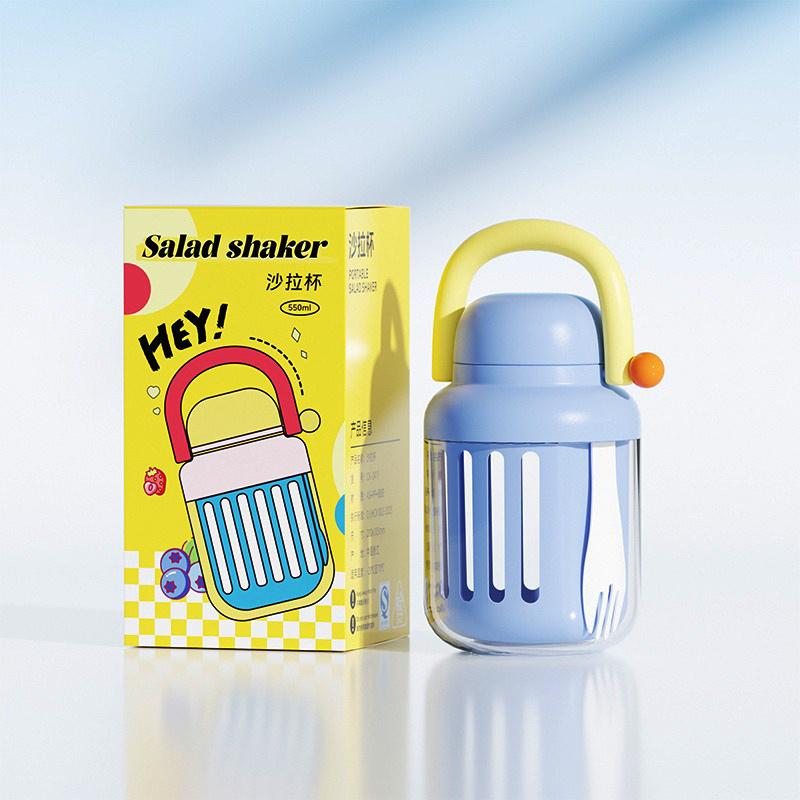 

Стаканчики для йогурта с крышками, многоразовые, с вилкой и топпингом, стаканчики для хлопьев, двухслойные салатницы со съемным дуршлагом небесно-голубой