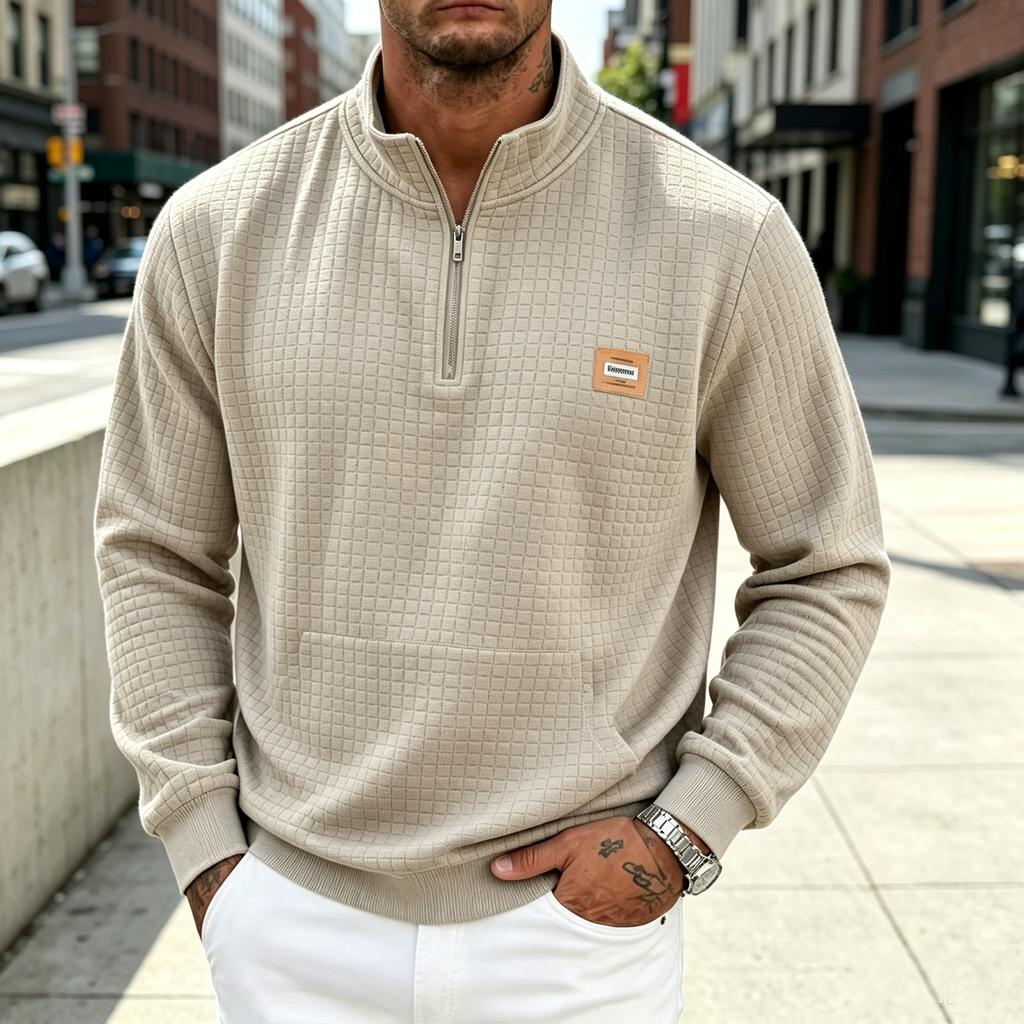 Men's Stand Collar Half Zip Sweatshirt, Fall Winter Thick Plaid Casual Jacket