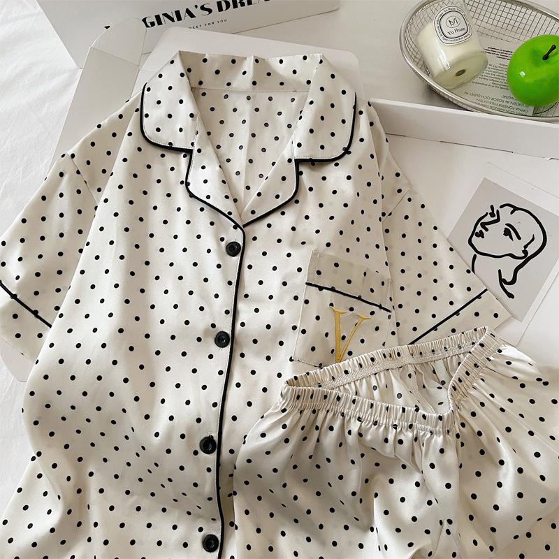 French Style Ice Silk Pajamas Women'S Thin Short-Sleeved Shorts Polka Dot Temperament Style Simple And Cool Summer Loungewear