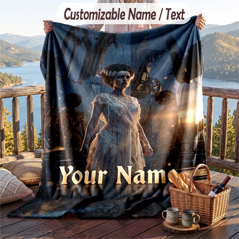 Custom Text Flannel Throw Blanket, Lightweight Cozy Bed Sofa BlanketBride of Frankenstein