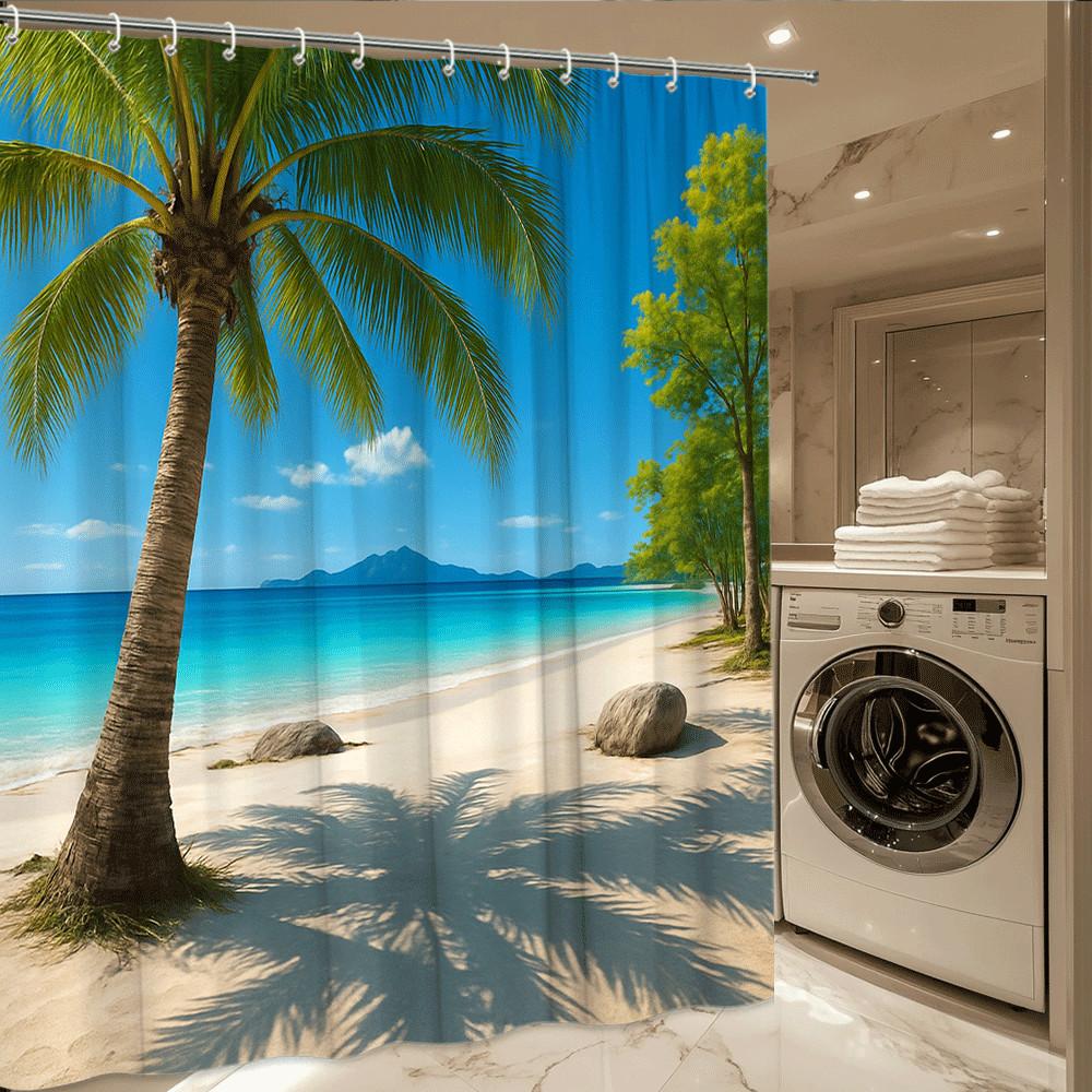 Tropical Palm Beach Shower Curtain Crystal Blue Ocean White Sand And Coconut Tree Summer Paradise Decor Waterproof Quick Setup
